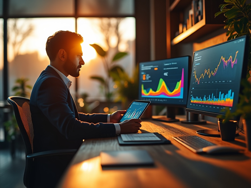 Consultor de gestión energética analizando datos en una pequeña empresa